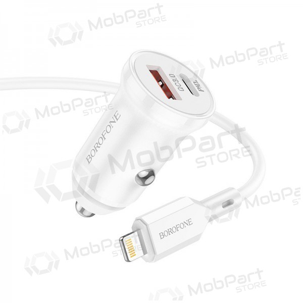 Ladegerät automobilinis Borofone BZ18A USB-A/Type-C PD20W+QC3.0 + Lightning (Weiß)