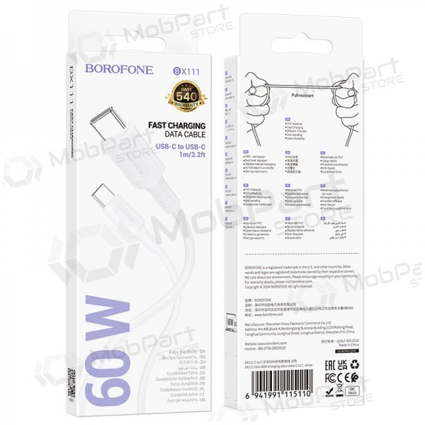 USB-C kabel Borofone BX111 USB-C zu USB-C 1 m 60 W weiß