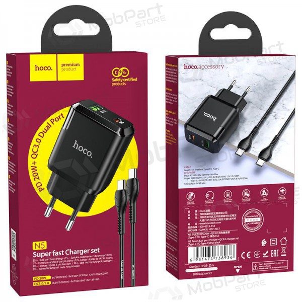 Ladegerät Hoco N5 USB Quick Charge 3.0 + PD 20W (3.1A) + Type-C-Type-C (Schwarz)