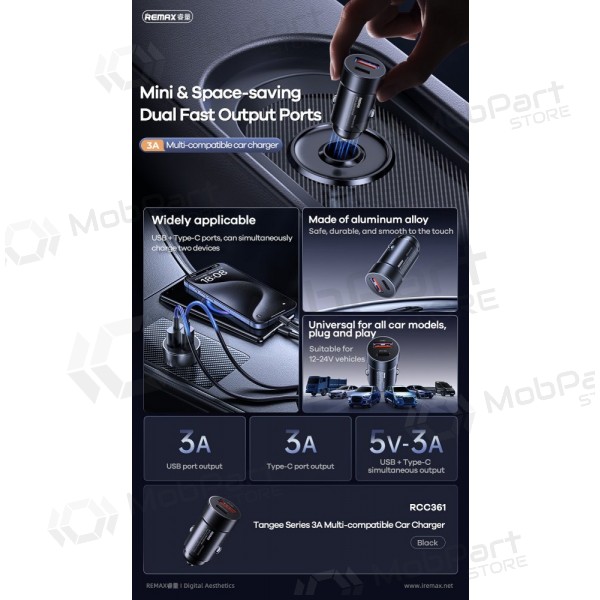 Auto-Ladegerät Remax RCC361 15W USB-C/USB-A Schwarz