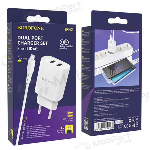 Ladegerät Borofone BN2 2xUSB 2.1A + Lightning (Weiß)