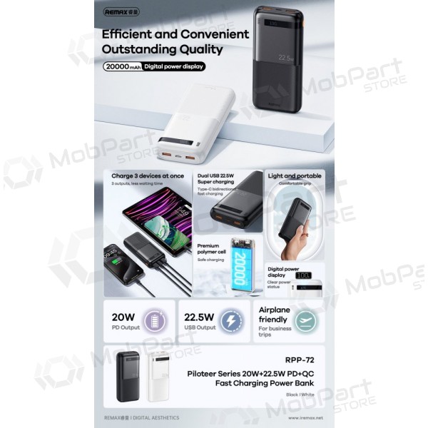 Externe Batterie Power Bank Remax RPP-72 22.5W 20000mAh Schwarz