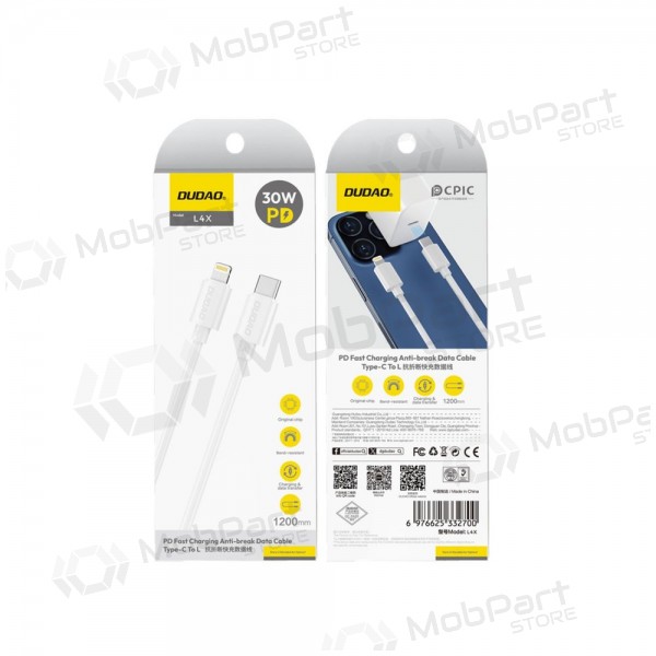 Lightning-Kabel Dudao L4X USB-C auf Lightning 1,2 m 30 W weiß