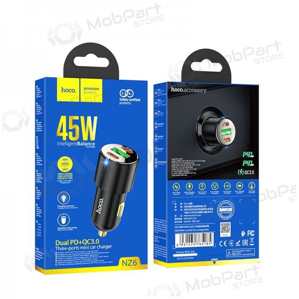 Hoco NZ6 45 W PD 2x USB-C + USB-A Auto-Ladegerät schwarz