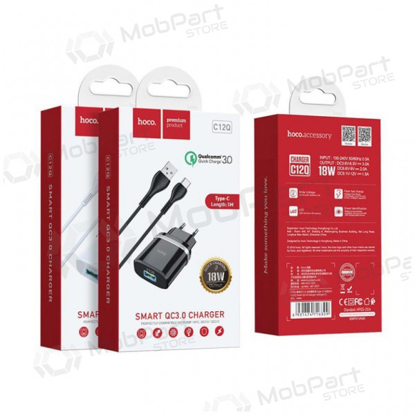 Ladegerät HOCO C12Q Smart USB + type-C Kabel (QC3.0) (Weiß)