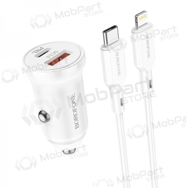 Ladegerät automobilinis Borofone BZ18A USB-A/Type-C PD20W+QC3.0 + Lightning (Weiß)