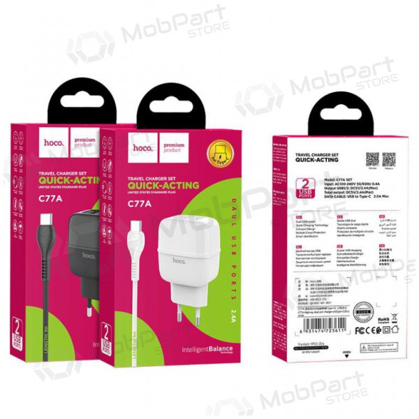 Ladegerät HOCO C77A Highway Dual USB + type-C Kabel (5V 2.4A) (Schwarz)