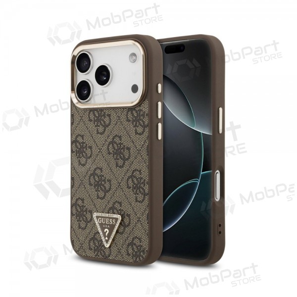 Apple iPhone 18 Pro Hülle - Guess PU Leather 4G Strass Triangle Logo Gold Frame MagSafe (braun)