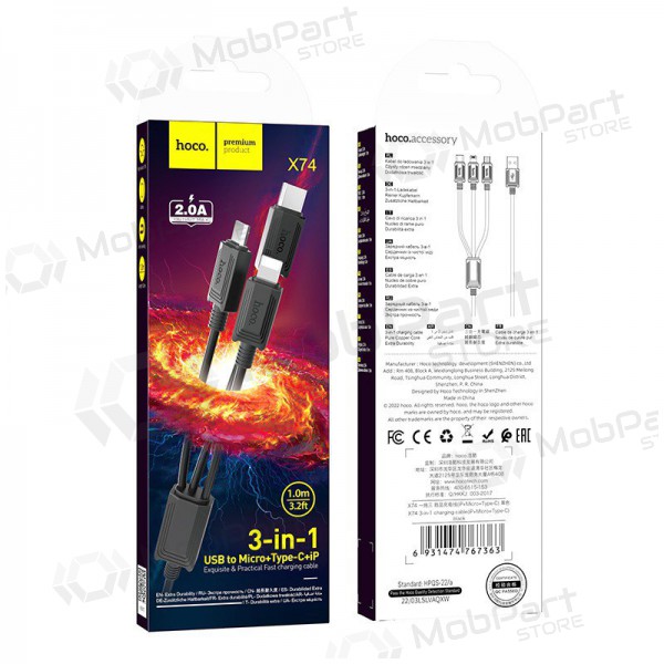 USB Kabel Hoco X74 3in1 microUSB-Lightning-Type-C 1.0m (Schwarz)