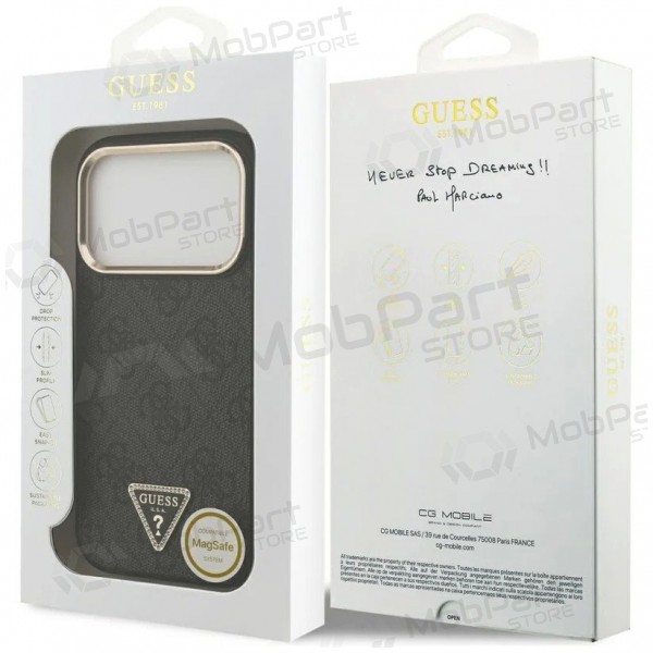 Apple iPhone 17 Pro Max hülle - Guess PU Leather 4G Strass Triangle Logo Gold Frame MagSafe (schwarz)