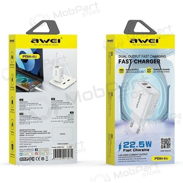 Ladegerät Awei PD81-EU USB-A/USB-C Weiß