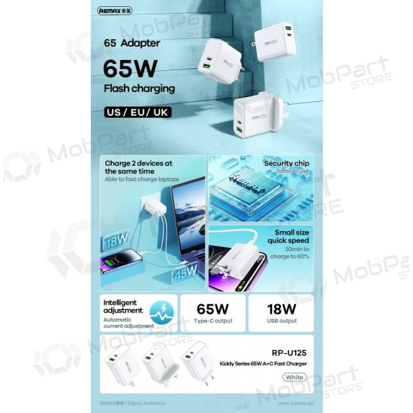 Ladegerät Remax RP-U125 65W GaN USB-C/USB-A Weiß