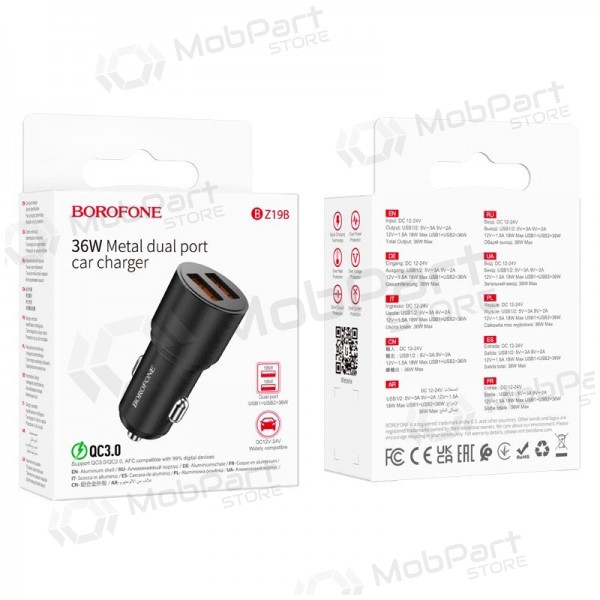 Ladegerät automobilinis Borofone BZ19B 2xUSB-A QC3.0 36W Schwarz