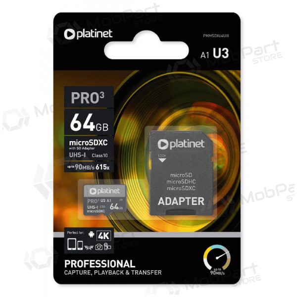 Speicherkarte Platinet MicroSD 64GB (class10 UHS-III 90MB/S) + SD Adapter