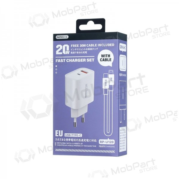 Telefonladegerät Remax RP-U120 20 W USB-C + USB-A mit Lightning-Kabel 1 m weiß