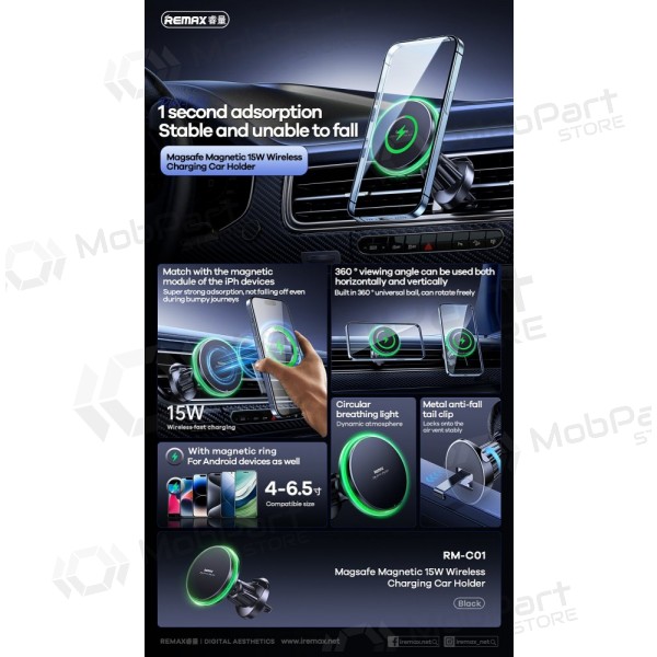Automobilinis laikiklis-Ladegerät Remax RM-C01 MagSafe 15W Schwarz