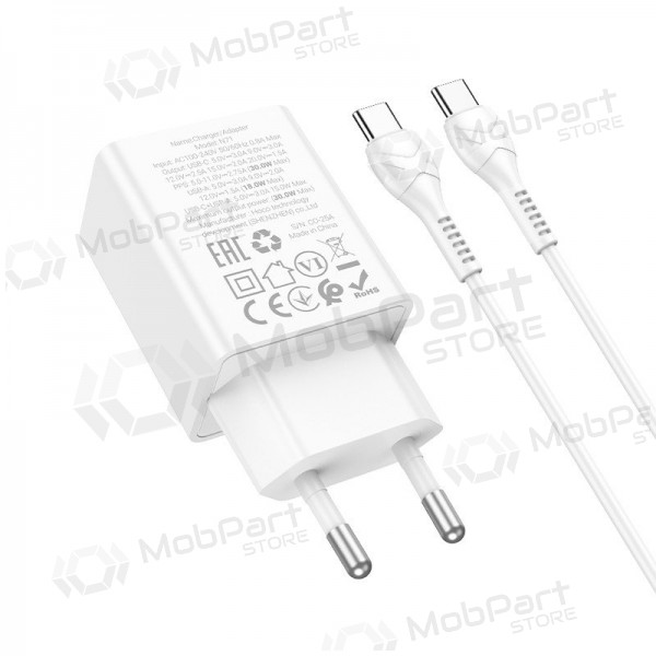 Hoco N71 30 W GaN USB-C + USB-A Telefonladegerät mit 1 m USB-C Kabel, weiß