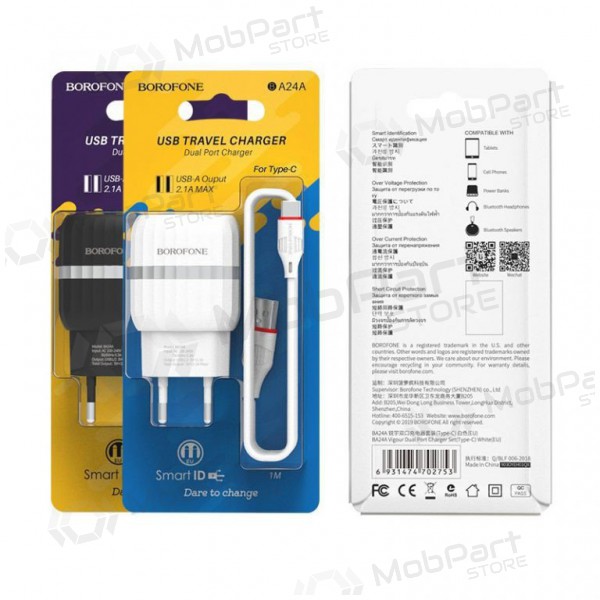 Ladegerät BOROFONE BA24A Vigour Dual USB + Type-C Kabel (5V 2.4A) (Schwarz)