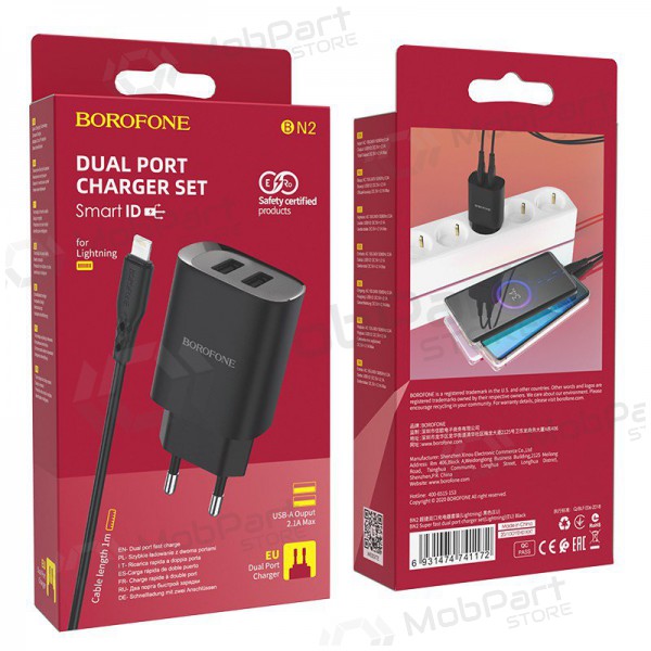 Ladegerät Borofone BN2 2xUSB 2.1A + Lightning (Schwarz)