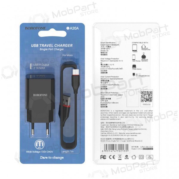 Ladegerät BOROFONE BA20A Sharp USB + microUSB Kabel (5V 2.1A) (Schwarz)