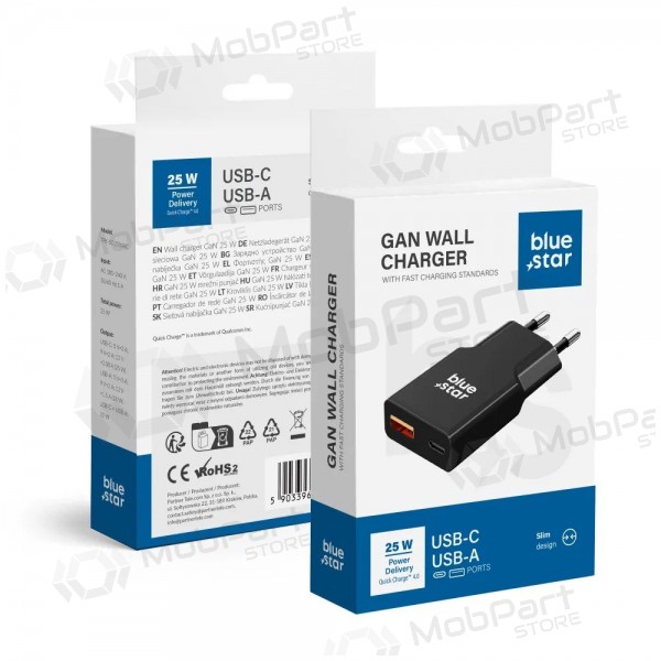 Telefonladegerät Blue Star Slim 25 W GaN USB-C + USB-A schwarz