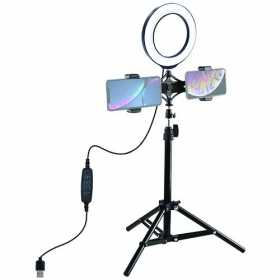 LED žiedinė Lampe 16cm, su trikoju stovu iki 70cm und dvigubu telefono laikikliu, USB