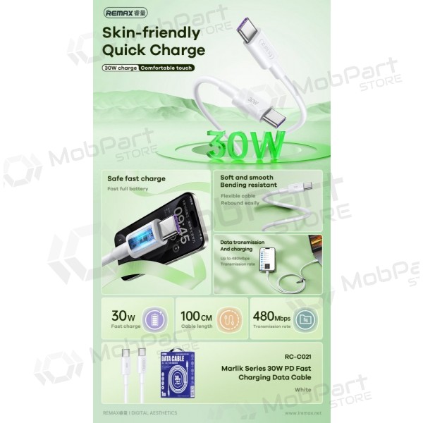 USB Kabel Remax RC-C021 USB-C to USB-C 30W 1.0m Weiß