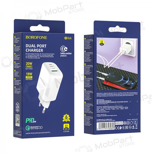 Ladegerät Borofone BN4 1xUSB, 1xType-C QC 3.0, PD 2.0 20W (Weiß)