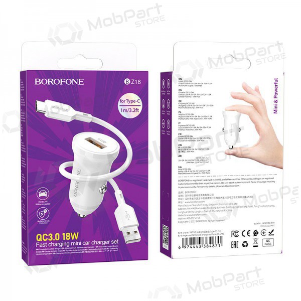 Ladegerät automobilinis Borofone BZ18 Quick Charge 3.0 18W + Type-C (Weiß)