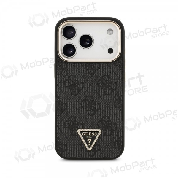 Apple iPhone 18 Pro Hülle - Guess PU Leather 4G Strass Triangle Logo Gold Frame MagSafe (schwarz)