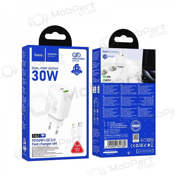 Telefonladegerät Hoco N63 30 W GaN USB-C + USB-A mit Lightning-Kabel 1 m weiß