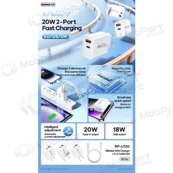 Telefonladegerät Remax RP-U120 20 W USB-C + USB-A mit USB-C Kabel 1 m weiß