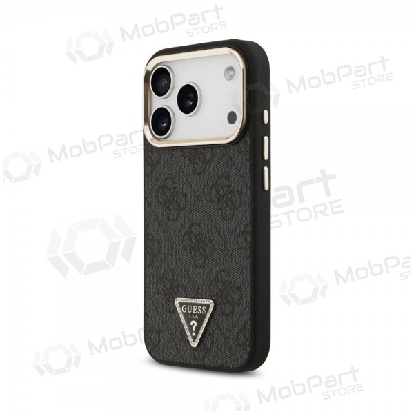 Apple iPhone 18 Pro Hülle - Guess PU Leather 4G Strass Triangle Logo Gold Frame MagSafe (schwarz)