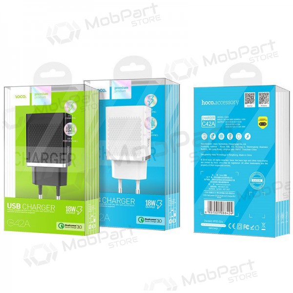Ladegerät HOCO C42A Vast power QC3.0 USB 18W (3.6V-6.5V/3A, 6.6V-9V/2A, 9.1V-12V/1.5A) (Weiß)