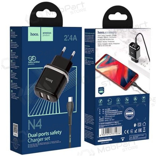 Ladegerät HOCO N4 Aspiring Dual USB + microUSB Kabel (5V 2.4A) (Schwarz)