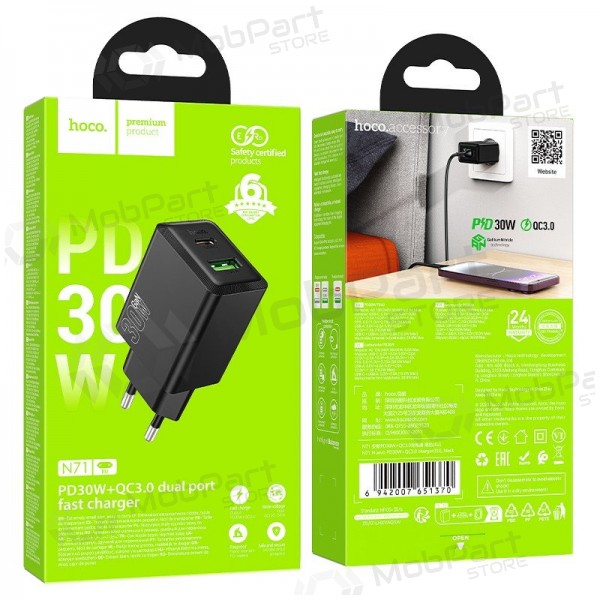Telefonladegerät Hoco N71 30 W GaN USB-C + USB-A schwarz