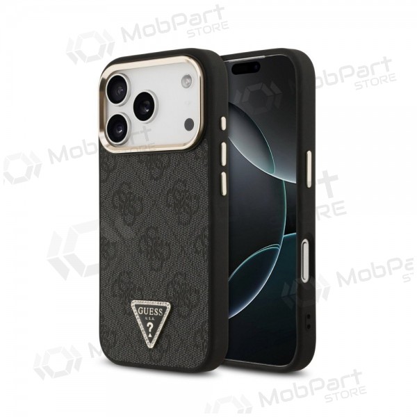 Apple iPhone 18 Pro Hülle - Guess PU Leather 4G Strass Triangle Logo Gold Frame MagSafe (schwarz)