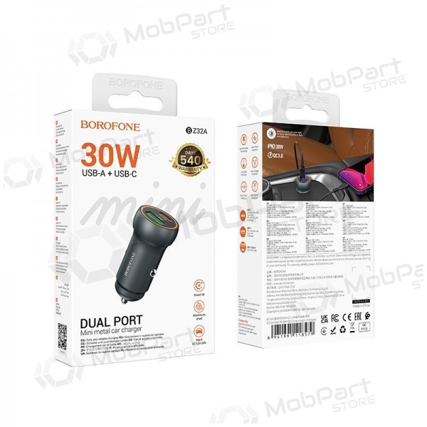 Borofone BZ32A 30 W USB-C + USB-A Autoladegerät, grau