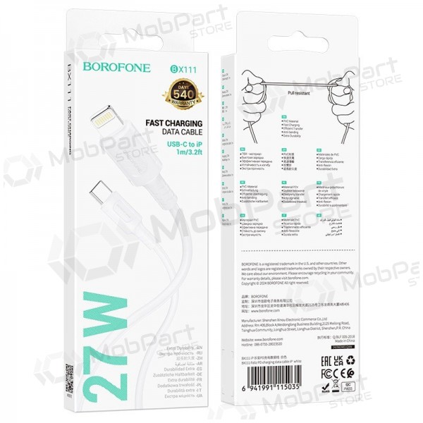 Lightning-Kabel Borofone BX111 USB-C auf Lightning 1 m PD 27 W weiß