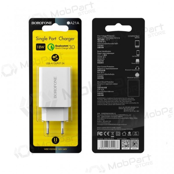 Ladegerät BOROFONE BA21A Long journey QC3.0 USB 18W (3.6V-6.5V/3A, 6.6V-9V/2A, 9.1V-12V/1.5A) (Weiß)