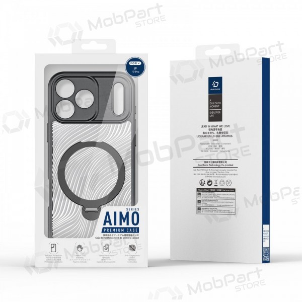 **Apple iPhone 17 Pro Hülle „Aimo Magnetic Stand“**

Die **Dux Ducis Aimo Mag Hülle** ist die ideale Wahl für Smartphone-Nutzer, die Wert auf Schutz und Alltagspraktikabilität legen. Dank des integrierten **Magnetrings** können Sie magnetische Zubehörteile und kabelloses Laden nahtlos nutzen. Der Ring dient zudem als praktischer Ständer, der vertikal oder horizontal ausgeklappt werden kann.[1][3]

Das schlanke, moderne Design betont das Styling Ihres iPhones und bietet maximalen Schutz vor Stößen, Kratzern und Schmutz. Hochwertige Materialien wie **TPU und PC** sorgen für Langlebigkeit, präzise Aussparungen für Anschlüsse und Tasten gewährleisten bequeme Bedienung. Mehr als nur eine Hülle – ein Must-Have für ein sicheres und einsatzbereites Smartphone![1][3]

**Spezifikationen:**
- Marke: Dux Ducis
- Modell: Dux Ducis Aimo Mag
- Kompatibilität: iPhone 17 Pro
- Zusatzfunktionen: Magnetring mit Ständerfunktion, Kompatibilität mit magnetischen Zubehörteilen
- Material: TPU, PC
- Farbe: Schwarz[1][2]

**Die wichtigsten Vorteile der Dux Ducis Aimo Mag Hülle:**
- **Magnetring mit Ständer**: Ermöglicht die Nutzung magnetischer Zubehörteile und dient als ausklappbarer Ständer für Inhalte.
- **Verstärkter Schutz**: Robuste Konstruktion schützt vor Stürzen, Schocks und Kratzern.
- **Schlankes, stilvolles Design**: Elegantes, dünnes Design ohne unnötige Masse.
- **Präzise Aussparungen**: Perfekter Sitz für Ports und Tasten für volle Funktionalität.
- **Rutschfeste Oberfläche**: Sicherer Halt minimiert Sturzrisiken.[1]

**Magnetring mit Ständer**  
Der eingebaute Magnetring gewährleistet eine starke, stabile Verbindung zu magnetischen Zubehörteilen und fungiert als bequemer Ständer in Hoch- oder Querformat.[1][3]

**Verstärkter Schutz für maximale Sicherheit**  
Die Hülle aus langlebiger **TPU-PC-Kombination** absorbiert Stöße effektiv und minimiert Schäden bei Stürzen.[1][4]