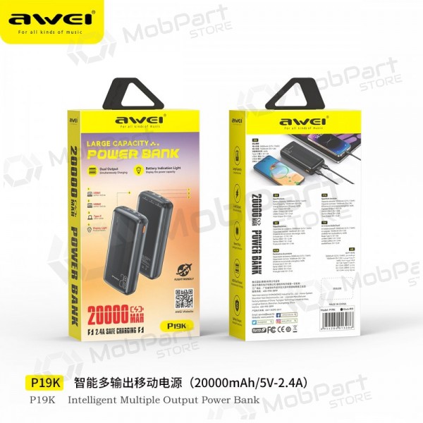 Externe Batterie Power Bank Awei P19K 5V/2.4A 20000mAh Schwarz