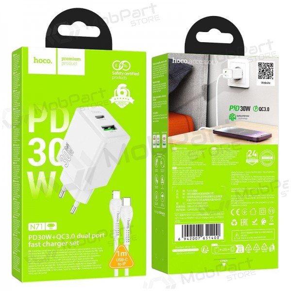 Telefonladegerät Hoco N71 30 W GaN USB-C + USB-A mit Lightning Kabel 1 m weiß