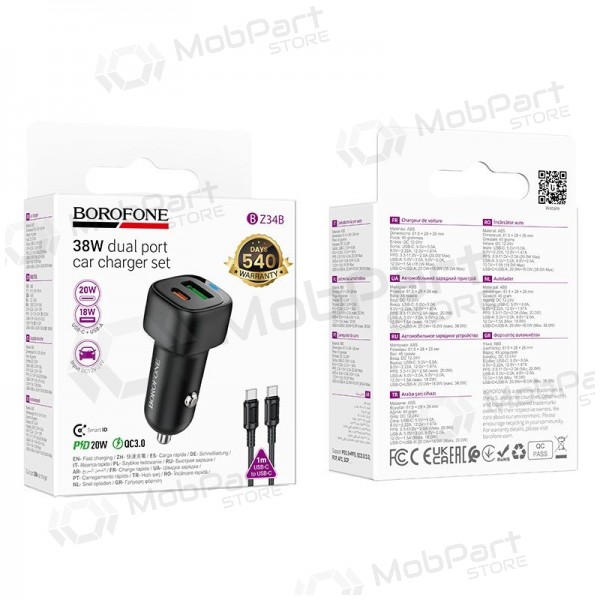 Autoladegerät Borofone BZ34B 38 W USB-C + USB-A PD QC schwarz