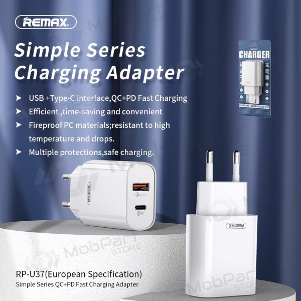 Telefonladegerät Remax RP-U37 20 W USB-C + USB-A weiß