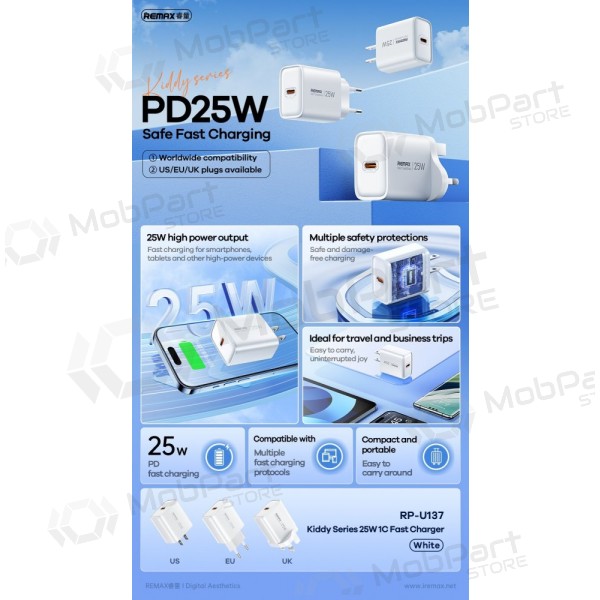 Telefonladegerät Remax RP-U137 25 W USB-C weiß