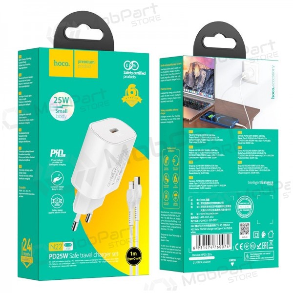 Telefonladegerät Hoco N22 25 W USB-C mit Lightning-Kabel 1 m weiß