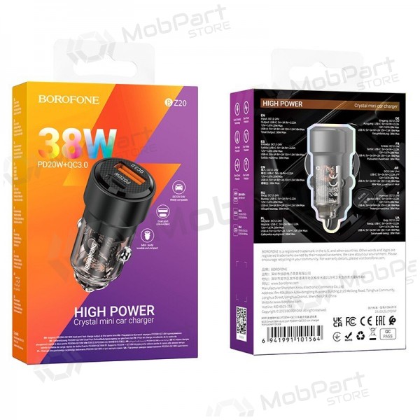 Ladegerät automobilinis Borofone BZ20 PD20W+QC3.0 38W Schwarz