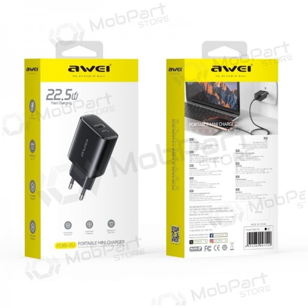 Telefonladegerät Awei PD85T-EU 22.5 W USB-C + USB-A mit USB-C Kabel 1 m schwarz