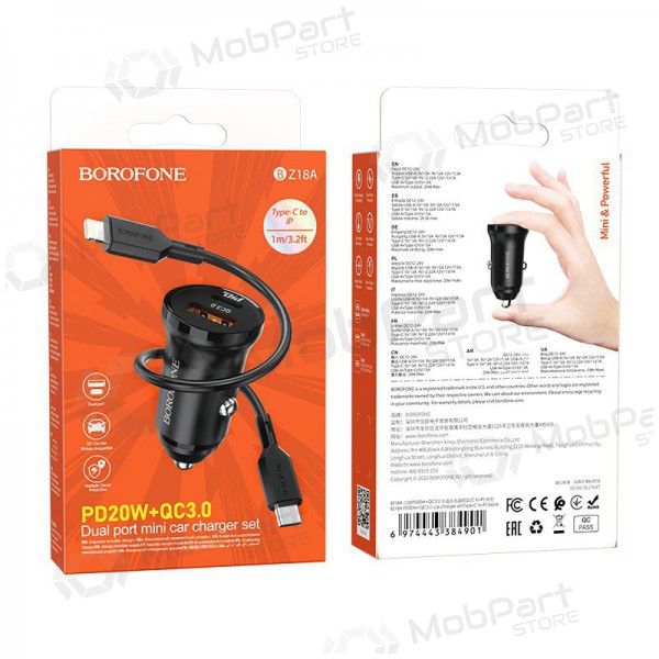 Ladegerät automobilinis Borofone BZ18A USB-A/Type-C PD20W+QC3.0 + Lightning (Schwarz)